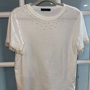 Women's Western White Bead T-Shirt sz M Short Sleeves Bride Fancy On Twelfth